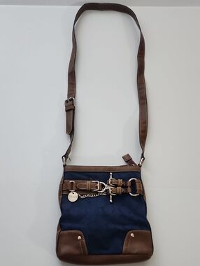 Chaps Navy and Brown Crossbody with Buckle & Chain Detail